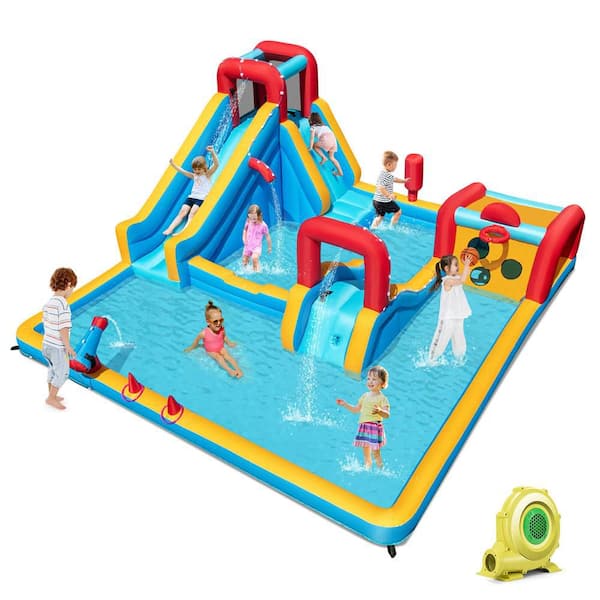 Inflatable Water Park Bounce House with Climbing Wall Boxing Post Basketball Rim 735W Blower