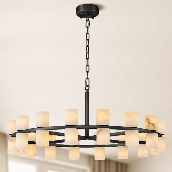 32 in. 32-Light Black Round Chandelier, Modern Alabaster Chandelier for Dining Room, Living Room, Foyer