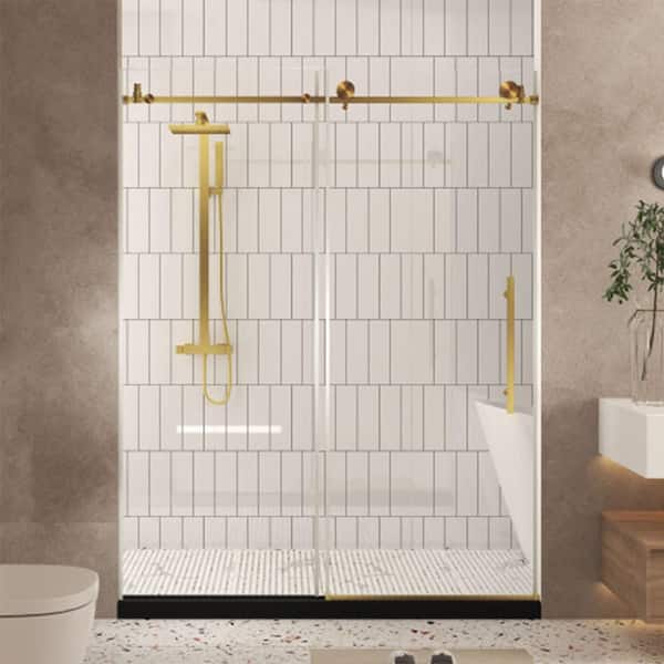 56-60 in. W x76 in. H Sliding Frameless Shower Door in Brushed Gold Finish with Clear Glass