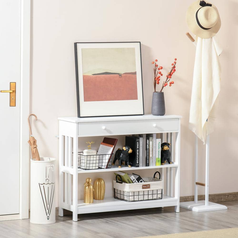 White Wood Console Table with Drawer and Shelves