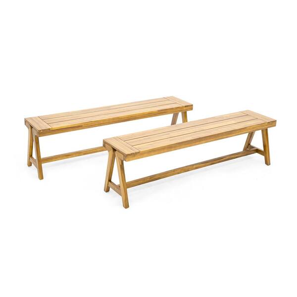 Noble House Outdoor Patio Acacia Wood Dining Benches, (Set of 2), Teak Finish