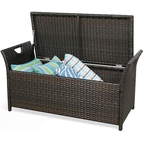 Wicker Outdoor Storage Stool Storage Bench Deck Storage Box with Beige Cushion
