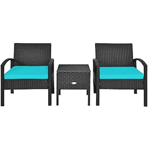 3-Piece Wicker Patio Conversation Set with Turquoise Cushions and Hidden Storage Space