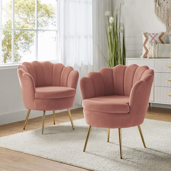 Fidelia Golden Legs Pink Tufted Barrel Chair with Scalloped Seashell Edges (Set of 2)