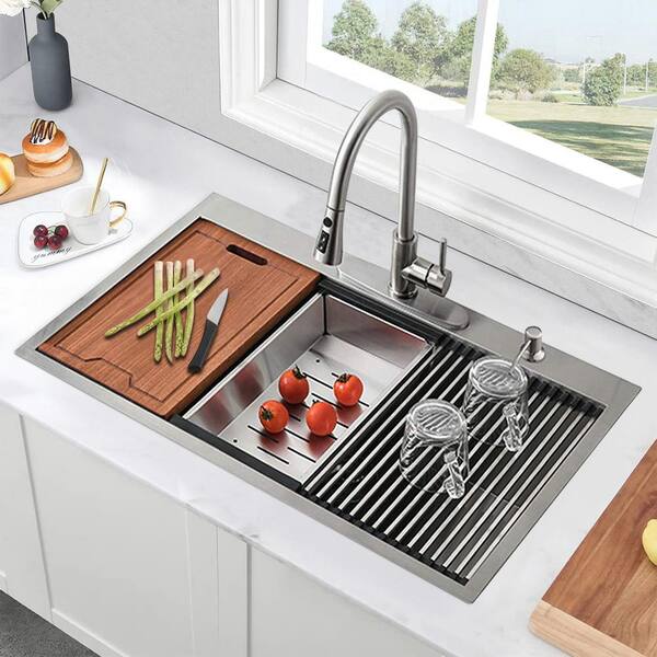 PROOX Stainless Steel 33 in. Single Bowl Drop-In Kitchen Sink with All-in-One Accessory Set, Brushed Nickel