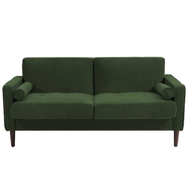 Uixe 63.3 in. Straight Arm Corduroy Fabric Upholstered Rectangle 2-Seater Sofa in. Green with Wood Legs