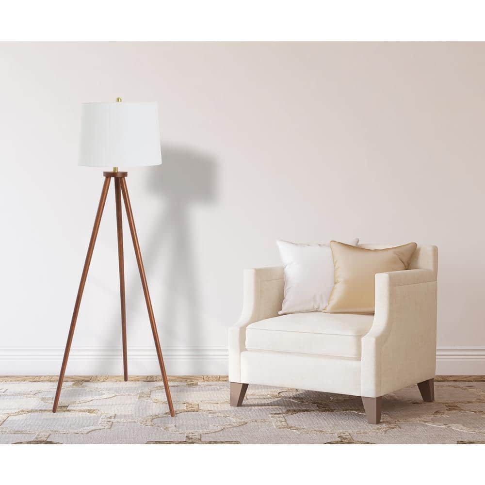 63.5'' Mid-Century Modern White Wood Tripod Floor Lamp