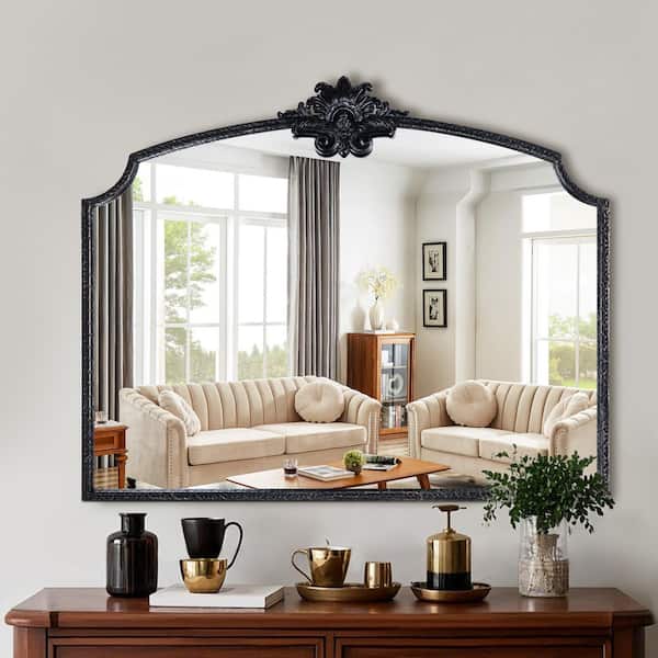 36 in. W x 29 in. H Unique Arched Ornate Baroque Vintage Black Framed Accent Decorative Wall Mirror