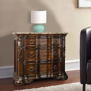 3-Drawer Brown Wooden Nightstand with Marble Top and Scrolled Legs