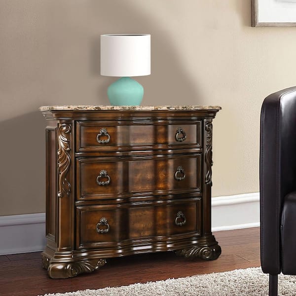 Benjara 3-Drawer Brown Wooden Nightstand with Marble Top and Scrolled Legs