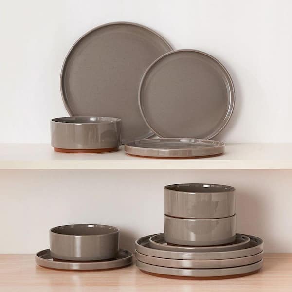 MALACASA 12-Piece Dark Gray and Khaki Stoneware Dinnerware Set