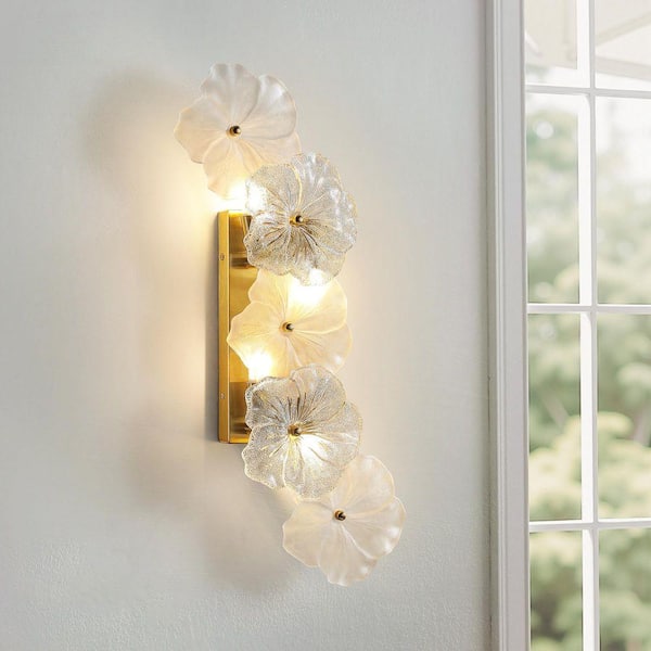 21 in. 4 Light Modern Gold Wall Sconces Adjustable G9 Base Vanity Light Fixture For Bedroom with 5 Glass Flower Decor