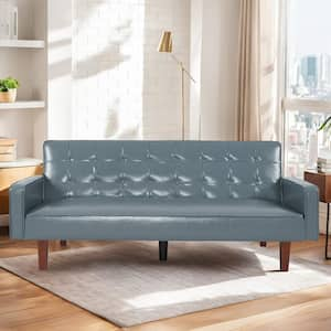 33 in. Wide Faux Leather Button Tufted Upholstered Armchair, Convertible Sleeper Couch 3-Seat Sofa, Cement Gray