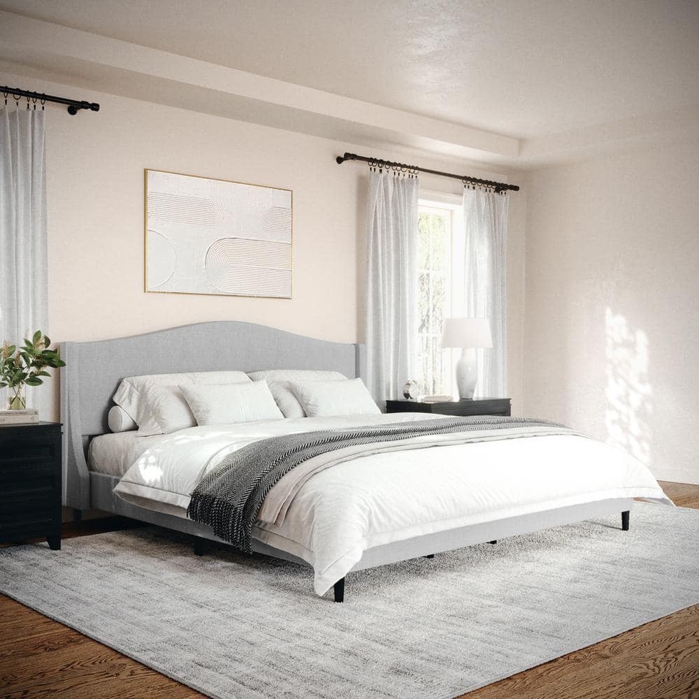 King Gray Linen Upholstered Platform Bed with Curved Headboard
