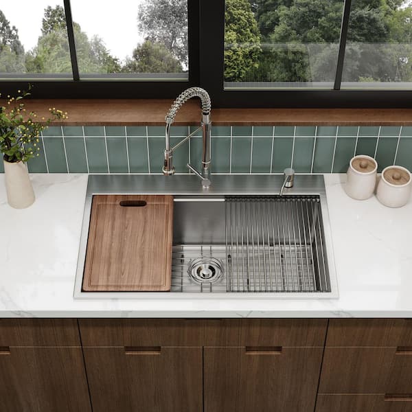 33 in. Drop-In/Undermount Single Bowl 18 Gauge Stainless Steel Kitchen Workstation Sink with Accessories and Bottom Grid