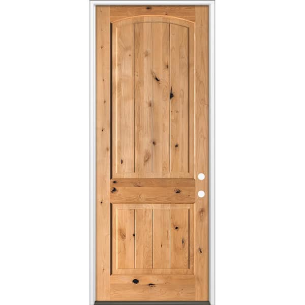 42 in. x 96 in. Rustic Knotty Alder Top Arch V-Grooved Left-Hand/Inswing BEHR Cedar Stain Wood Prehung Front Door