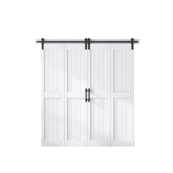 SANDING 72 in. x 84 in. MDF Bi-Fold Barn Door with Hardware Kit, Covered with Water-Proof PVC Surface, White, H-Frame