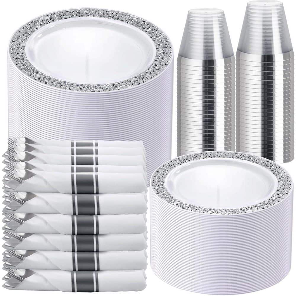 350-Piece Silver Disposable Plastic Dinnerware Set with Lace Plates, Cups, Napkins and Cutlery price history on PriceWatchPro