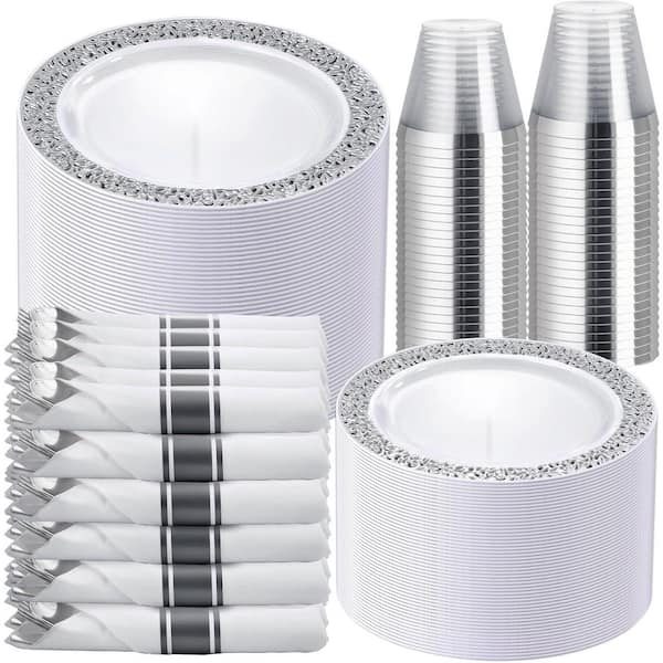 350-Piece Silver Disposable Plastic Dinnerware Set with Lace Plates, Cups, Napkins and Cutlery
