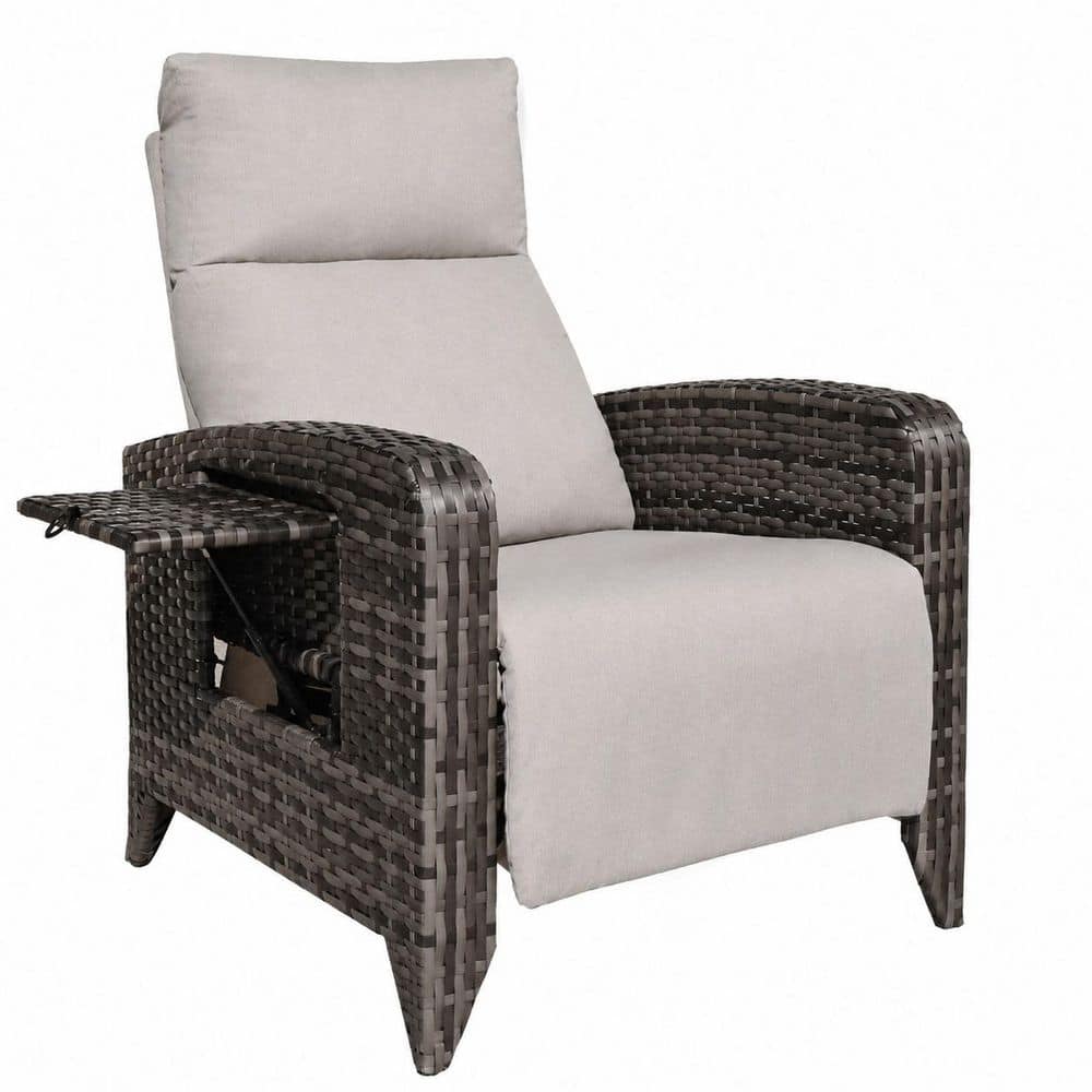 Patio Chairs Wicker Outdoor Recliner with Gray Cushions, Adjustable Back, Extended Footrest and Table