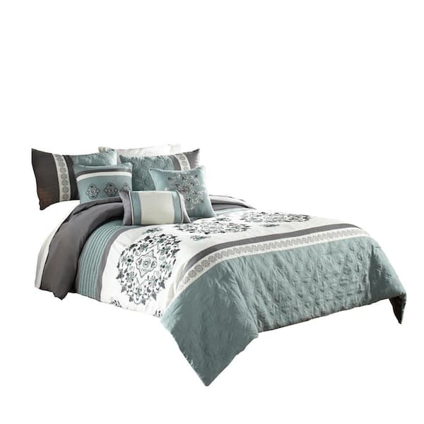 Benjara 7-Piece Blue and Gray Floral Polyester King Comforter Set