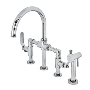 Whitaker Double-Handle Deck Mount Gooseneck Bridge Kitchen Faucet with Brass Sprayer in Polished Chrome