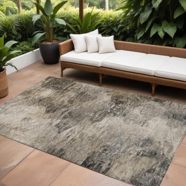 Taupe, Beige, Brown 10 ft. x 14 ft. Woven Abstract Polyester Rectangle Indoor / Outdoor Area Rug