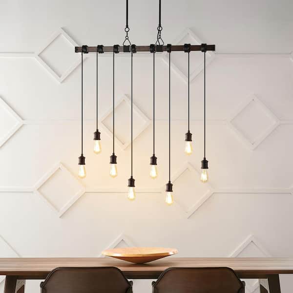 Rhys 40 in. 8-Light Brown Wood Finish/Black Chandelier Vintage Driftwood Iron LED Linear with Height Adjustable Bulbs