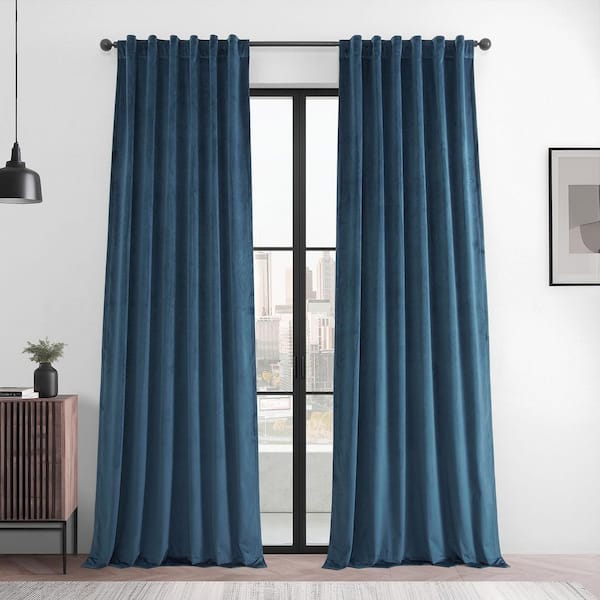 Dark Blue Basic Deluxe Velvet 50 in. W x 84 in. L Rod Pocket Room Darkening Curtain Pair (2 Panels)