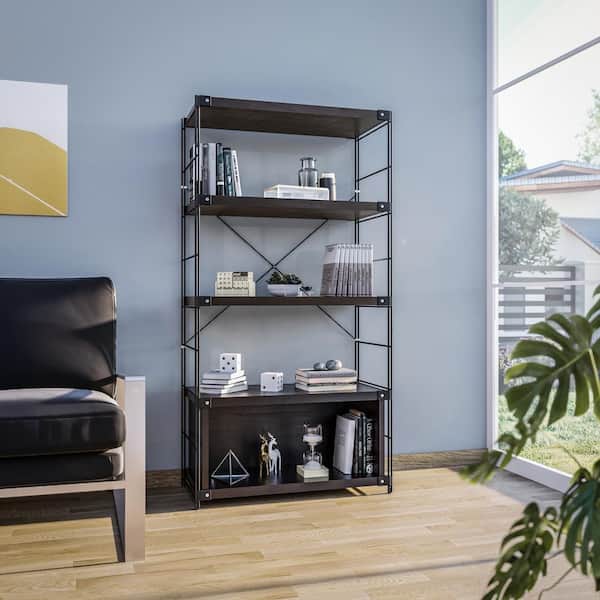 Brentwood 66 in. Tall Etagere Bookcase with Black Stainless Steel Frame and 4-Melamine Board Shelves in Dark Walnut