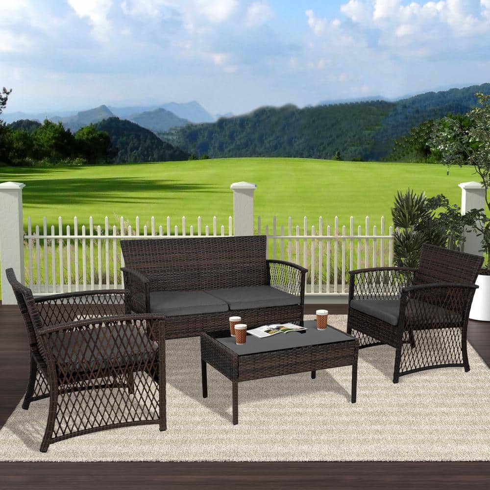 LunaLux 4-Person Woven Rattan Wicker Outdoor Sofa Set in Gray