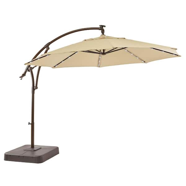 Hampton Bay 11 ft. Cantilever Aluminum and Steel Solar LED Offset Outdoor Patio Umbrella in Putty Beige