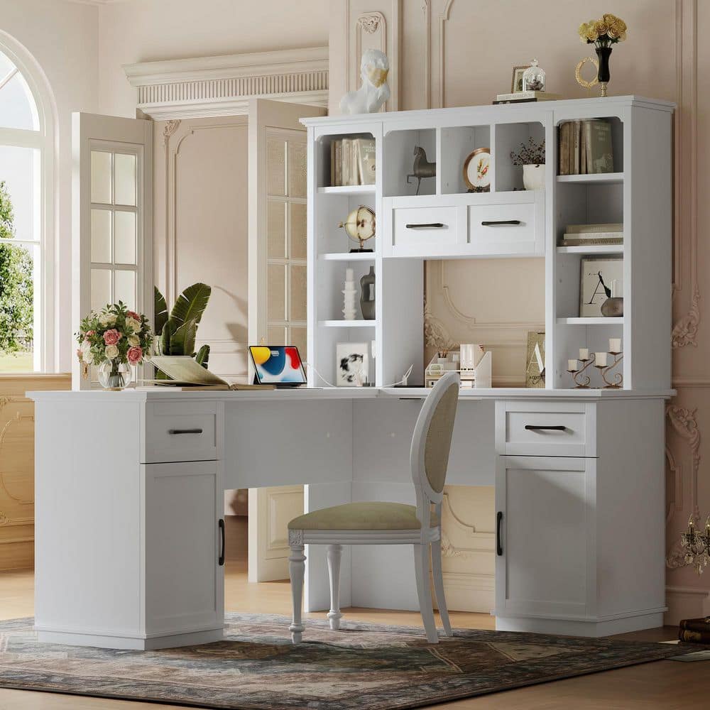 51.6 in. White L-Shaped Computer Desk with 2 Cabinets and 2 Drawers, 11 Open Shelves, Power Outlet for Room