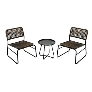 3-Piece Black PE Rattan Wicker Steel Patio Outdoor Bistro Set with Brown Seat and Round Table