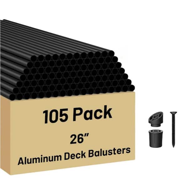 26 x 3/4 Aluminum Round Spindles for Deck Railing Black Hollow Balusters with Screws and Connectors 105-Pack
