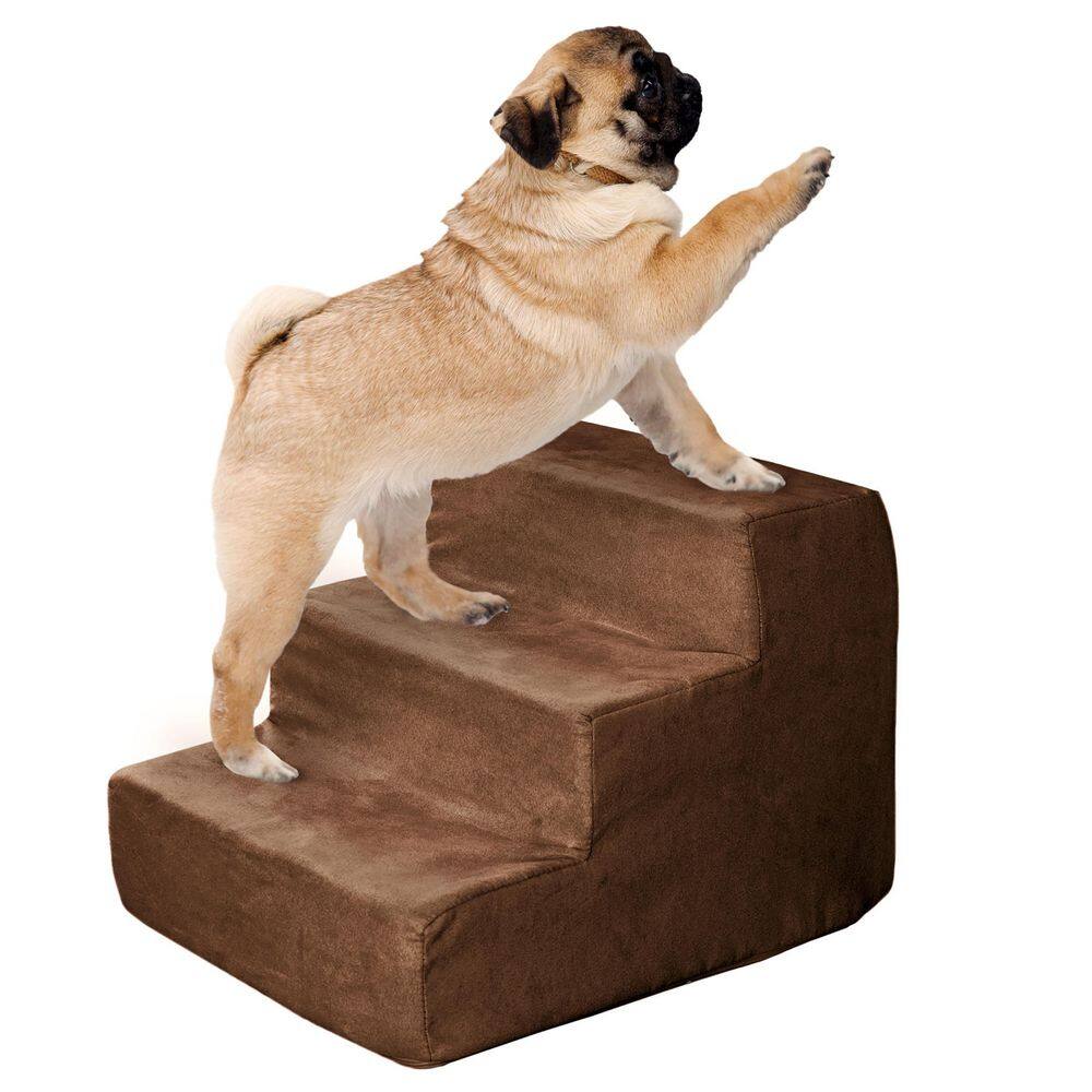Brown 3-Step High-Density Foam Pet Stairs with Microfiber Cover