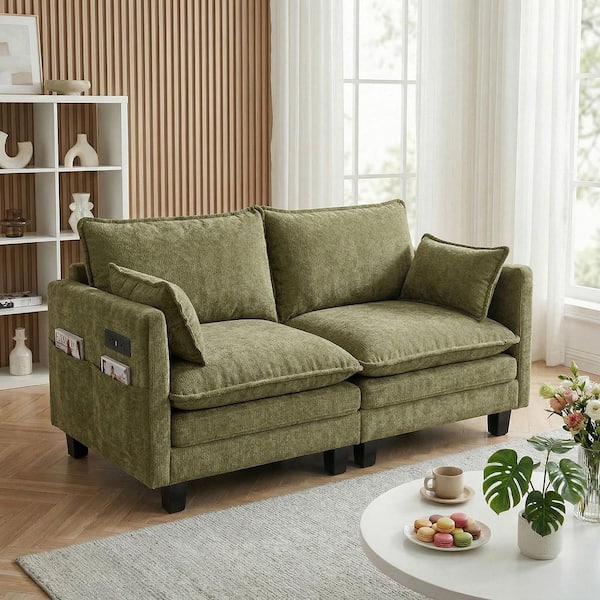 Heidi Modern 74.8 in. Track Arm Chenille Upholstered Rectangle Loveseat Sofa in Green with USB Ports, Side Pockets