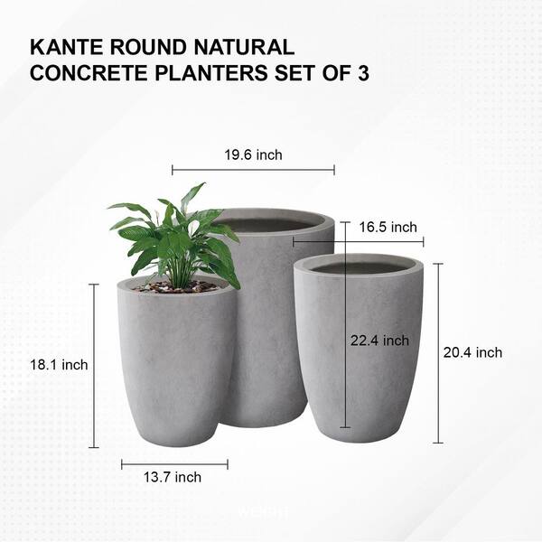 18.1 in. 20.5 in. 22.4 in. H Tall Concrete Planters Set of 3, Indoor/Outdoor Modern Style, Natural Concrete
