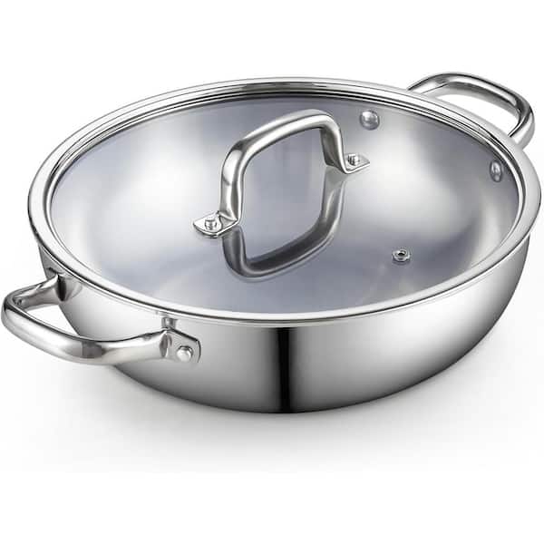 Cook N Home Large 12 in. Tri-Ply Stainless Steel Wok with Lid, Induction Compatible