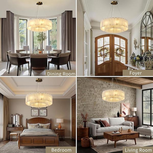 8-Light White Alabaster Chandelier, Modern Round Chandelier for Dining Room, Living Room, Kitchen Island