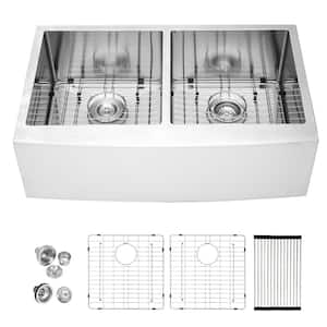 36 x 21 in. Farmhouse/Apron-Front Kitchen Sink Double Bowl 50/50 16-Gauge Stainless Steel Sink