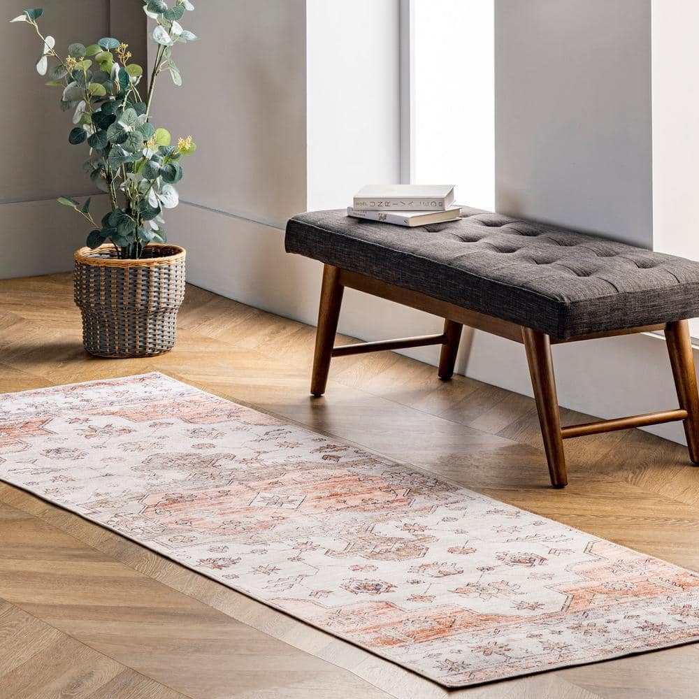 Beige and Coral Vintage Medallion Machine Washable Runner Rug