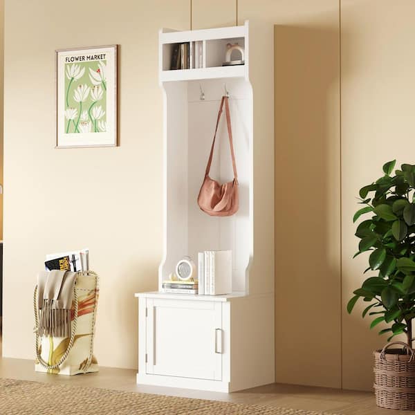 Harper & Bright Designs Minimalist White Hall Tree with 6 Hanging Hooks, Storage Cabinet and Shelves