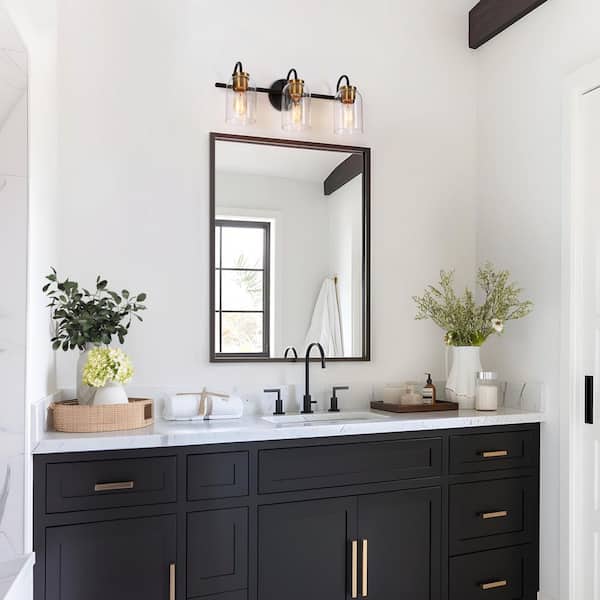 21 in. 3-Light Black Bathroom Vanity Light Modern Vintage DIY Brass Bath Light Clear Glass Farmhouse/Rustic Wall Sconce