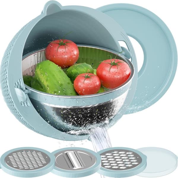 4-1 Colander with Bowl Set for Kitchen and Dining, Rotatable Strainers for Fruit Cleaning and Vegetables Washing, Blue