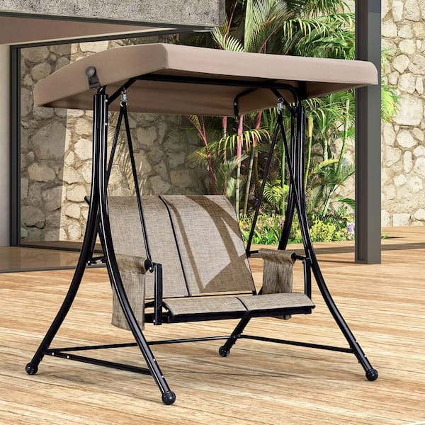 2-Person Deluxe Outdoor Patio Porch Swing with Weather Resistant Steel Frame, Adjustable Tilt Canopy, Beige