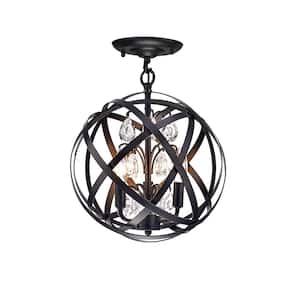 Pua 13 in. 3-Light Black Globe Semi- Flush Mount with No Bulbs Included, for Dining/Living Room, Foyer, Bedroom