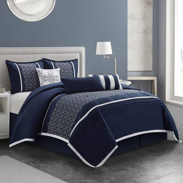 Sx 7 Piece Navy Patchwork Polyester, Navy Blue And Gray Bedding Sets