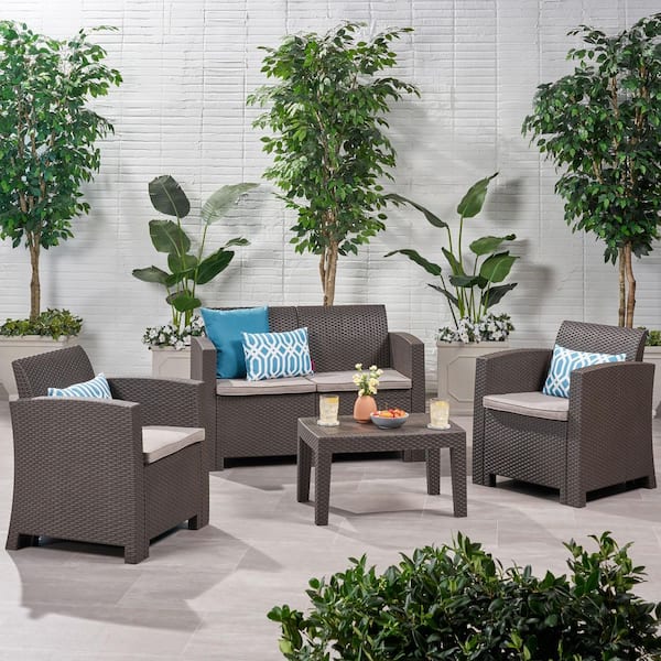 4-Piece Brown Outdoor Faux Wicker Rattan Style Chat Set with Water Resistant Cushions