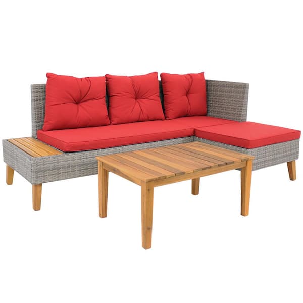 Sunnydaze Sunnydaze Alastair Brown Accacia Wood and Polyrattan Outdoor Sectional Set with Coffee Table and Red Cushions (2-Piece)